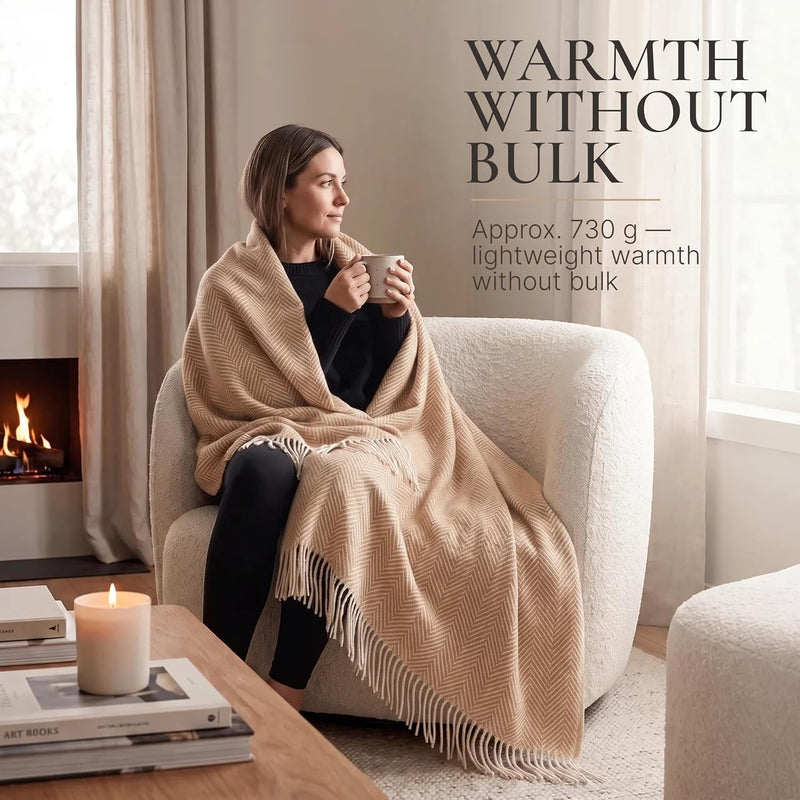 Merino Wool Throw Blanket – Beige with White Chevron, 140 × 200 cm