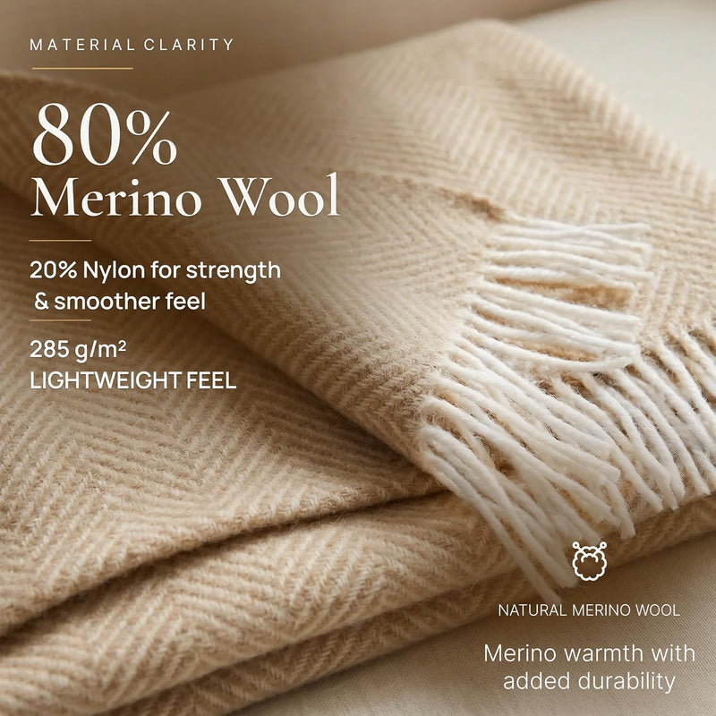 Merino Wool Throw Blanket – Beige with White Chevron, 140 × 200 cm